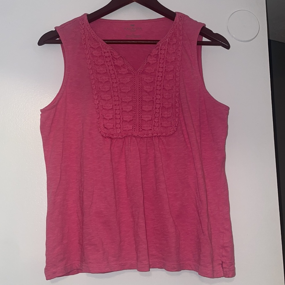 Talbots Women's L Petite Split Neck Tank Pink W/ Crochet Lace Bib 100% Cotton